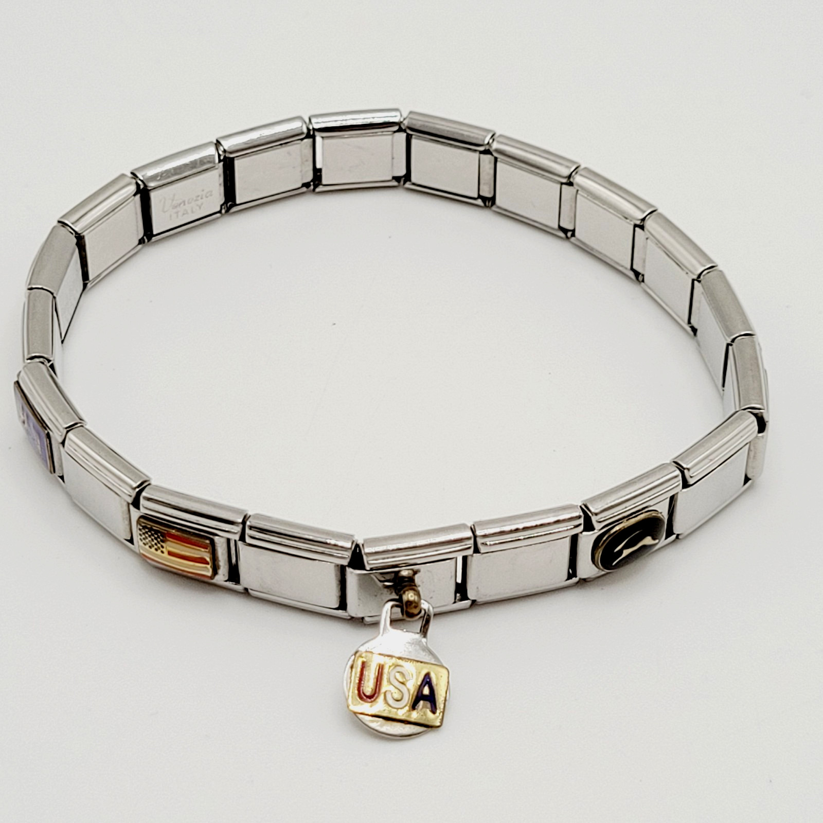 Vintage Italian Style Modular Stainless Steel Charm Bracelet w Mom USA Flag Dog