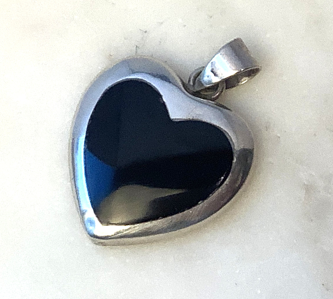 Heart Pendant Black Onyx Signed 925 Big Chunky Vintage Sterling Silver Charm