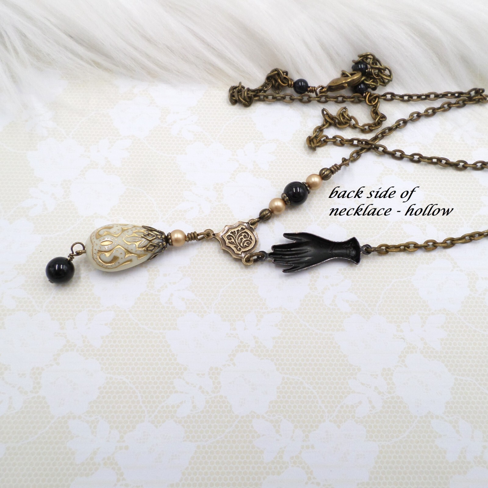 Victorian Reproduction Hand Necklace, Cream Black Gold Acrylic Metal Jewelry