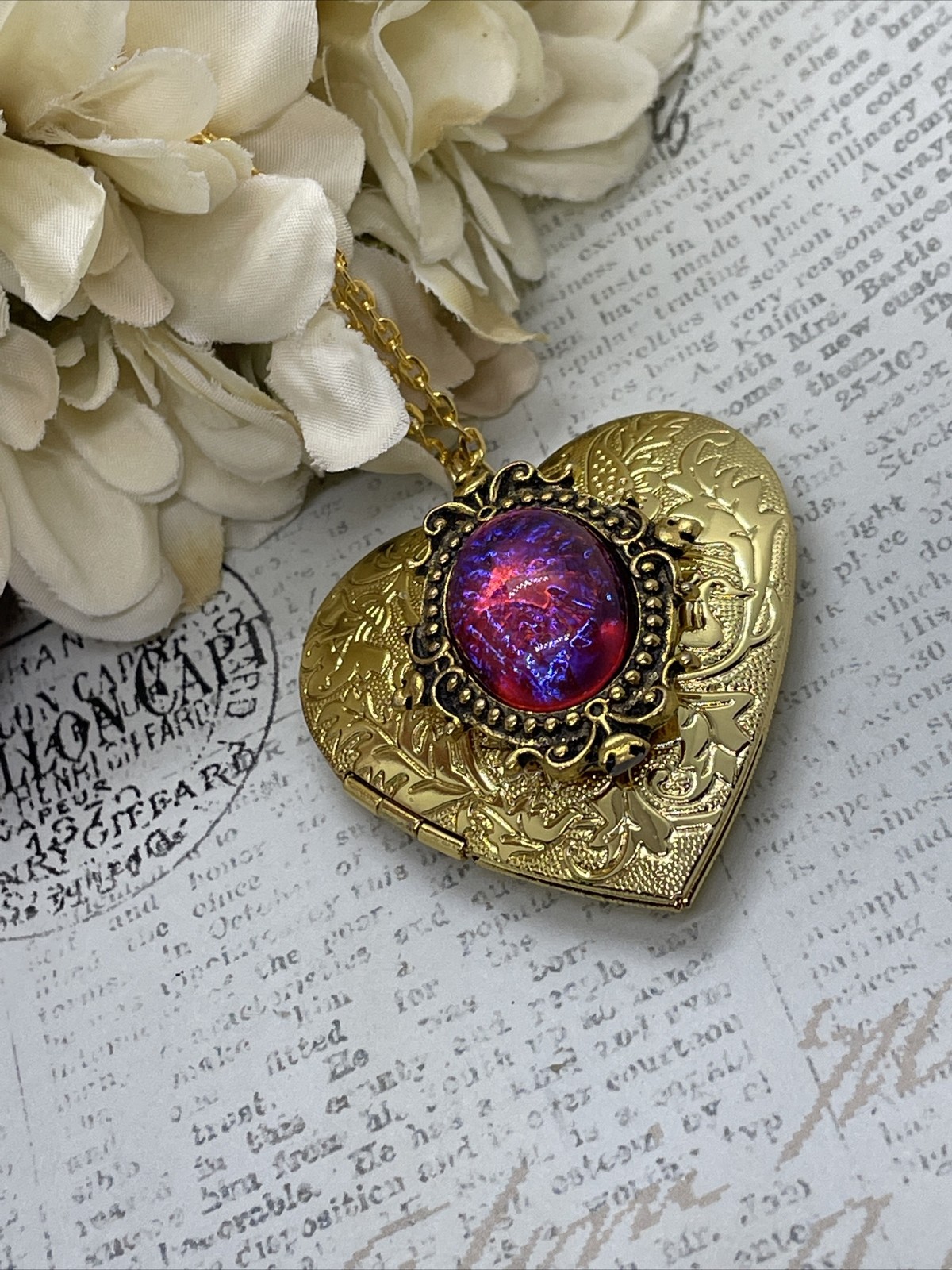 Gold Heart Locket Photo Fire Opal Dragon Birthday Anniversary Wedding Necklace
