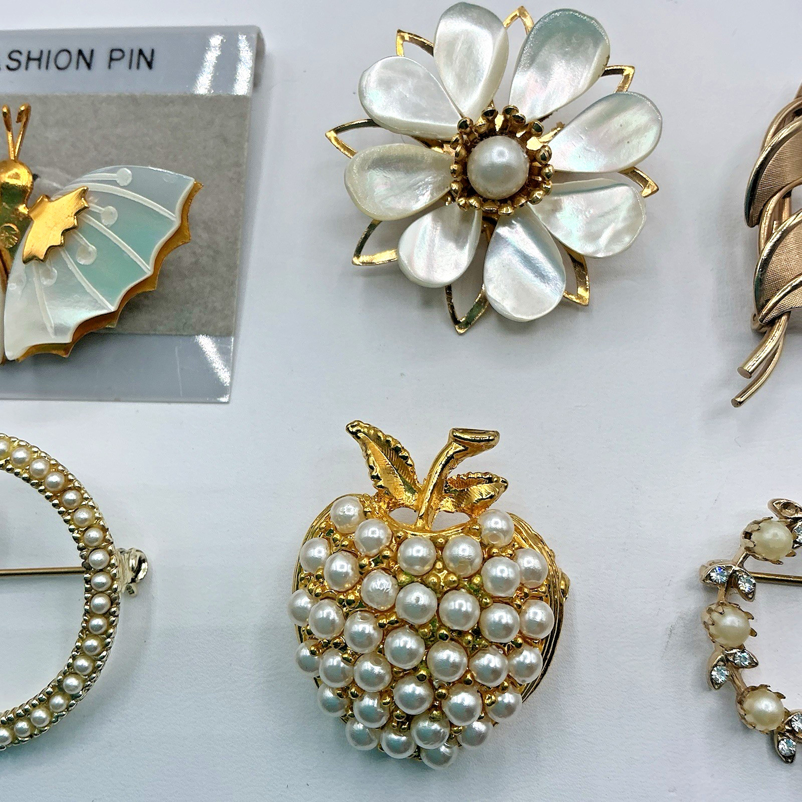 Lot of 6 Gold Tone Faux Pearl MOP Brooch Pins VanDell And Unbranded Apple Flower