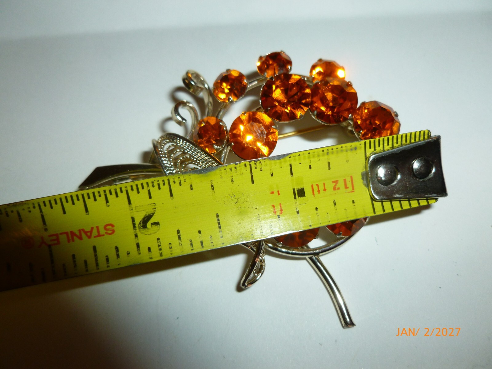 Vintage Faceted Rhinestone Leaf Brooch Silver Tone Filigree Branch Flower