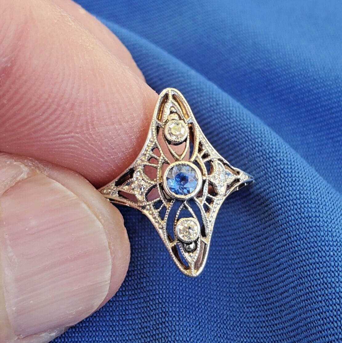 Original EARTH MINED SAPPHIRE DIAMOND Engagement Ring Antique Deco 14K GOLD S 5