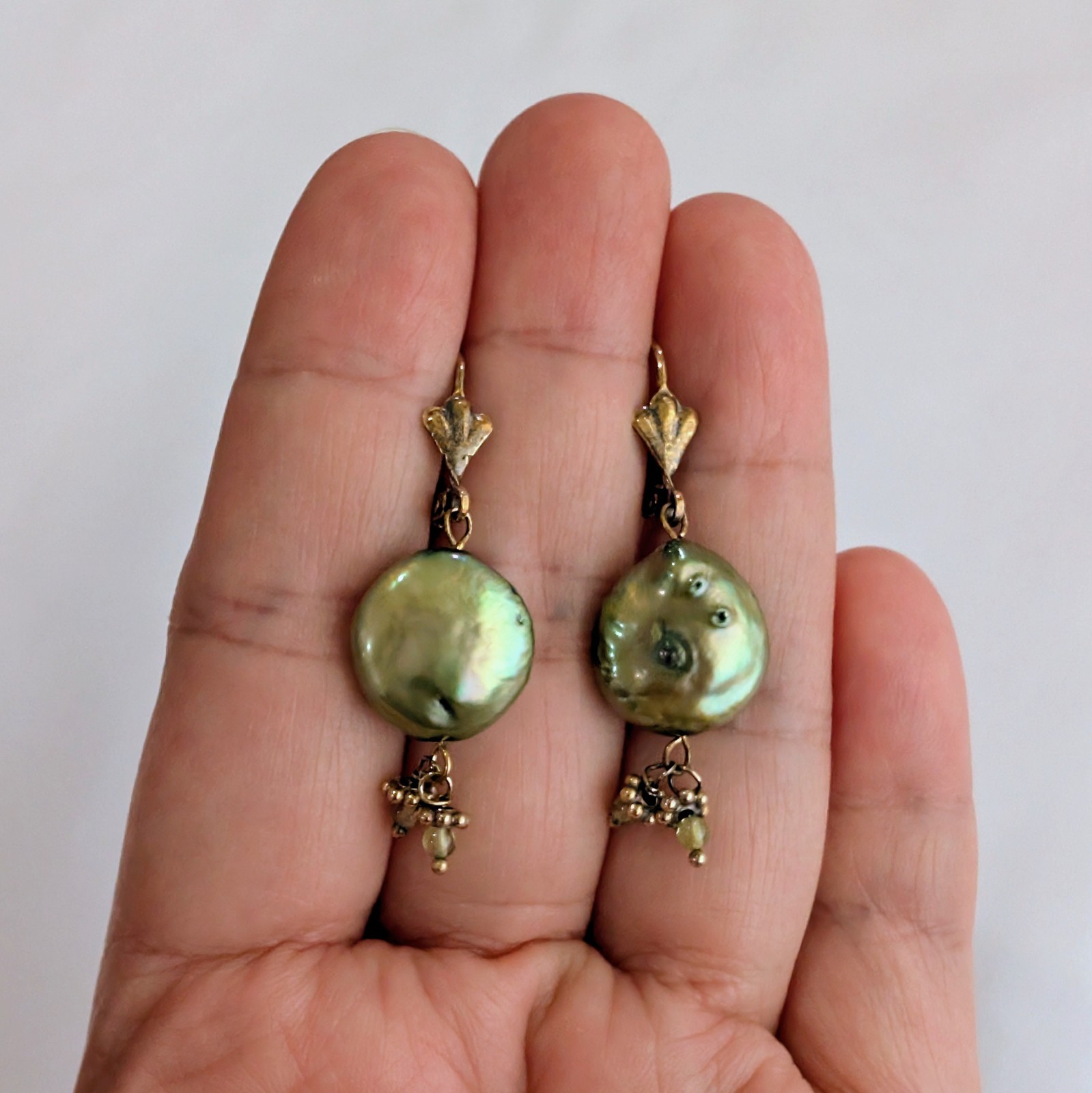 Vintage Mossy Green Button Freshwater Pearl Drop Earrings, Mark Unknown Untested