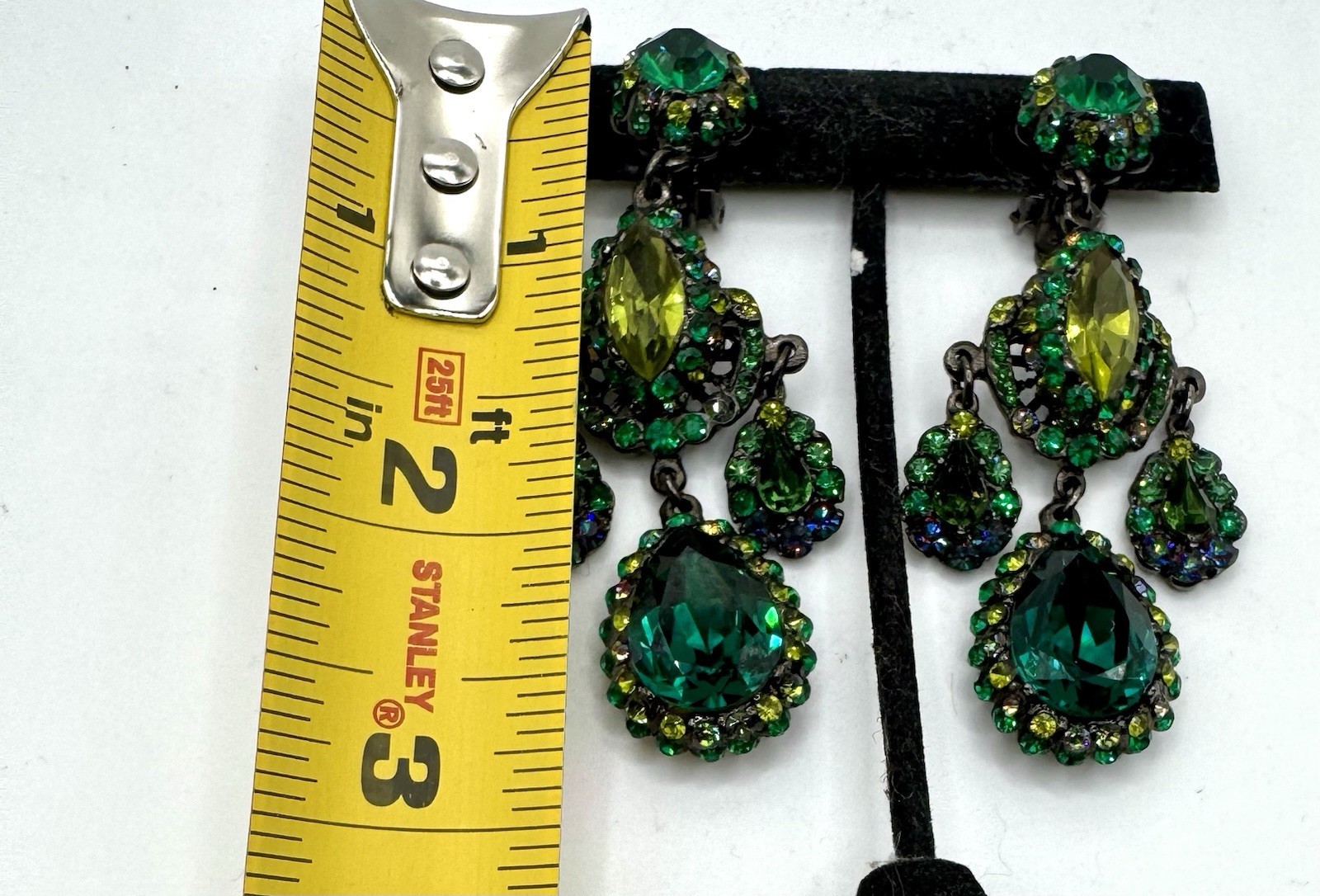 Barrera Crystal Clip-On Drop Earrings Of vibrant green crystals set in Gunmetal