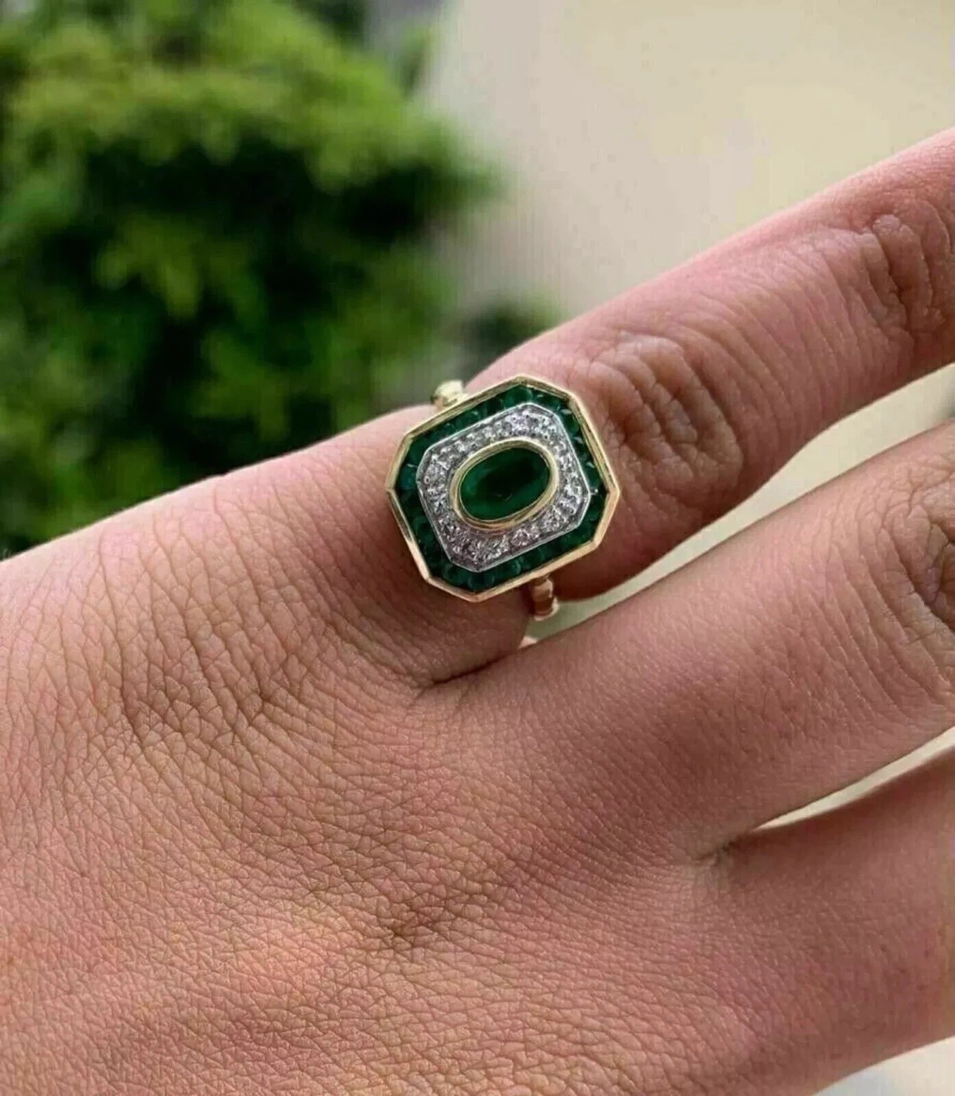 Art Deco 2CT Oval Cut Real Green Emerald Vintage Halo Ring 14K Two-Tone Gold FN