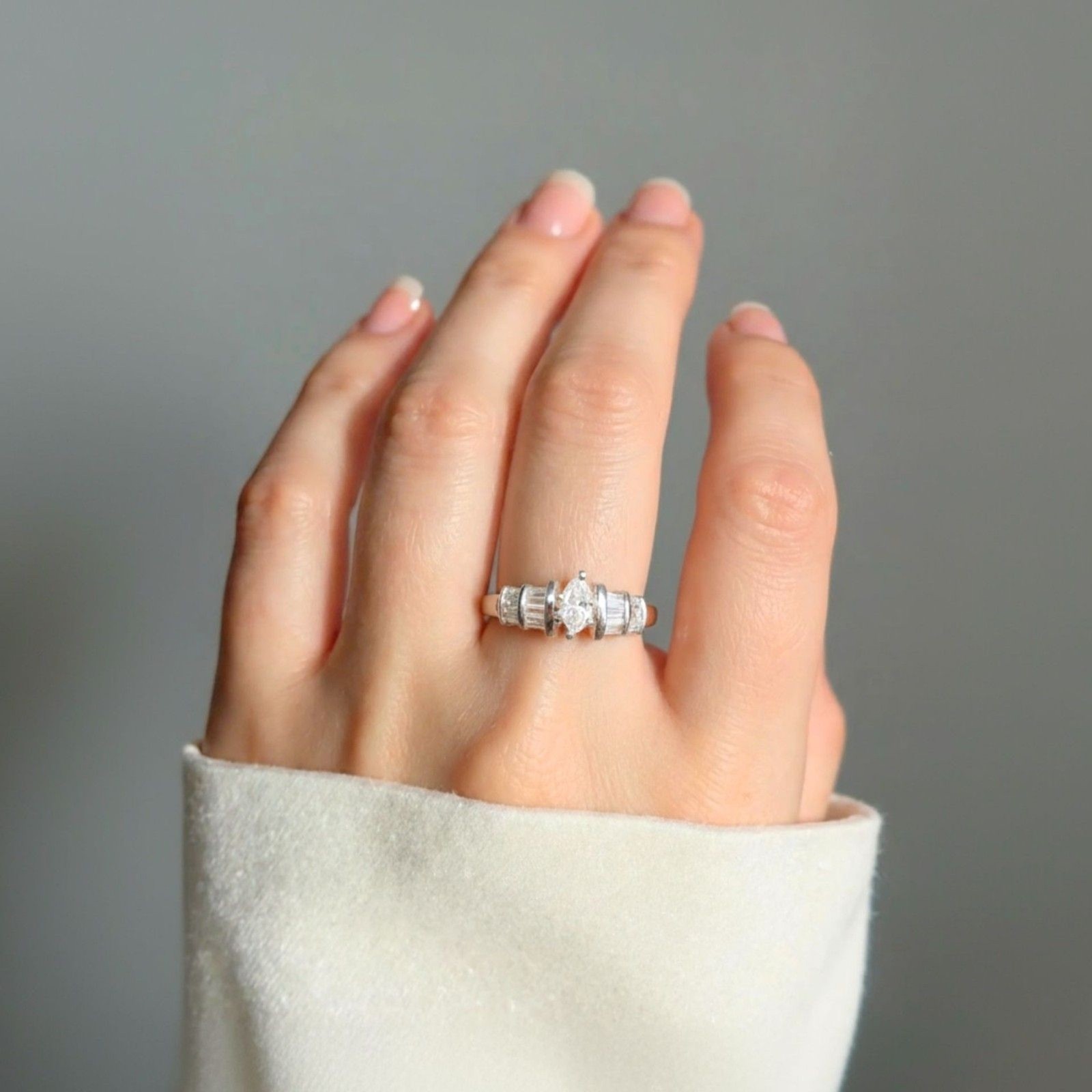 14K White Gold .69ct Marquise & Baguette Natural Diamond Ring Size 6 5g Vintage