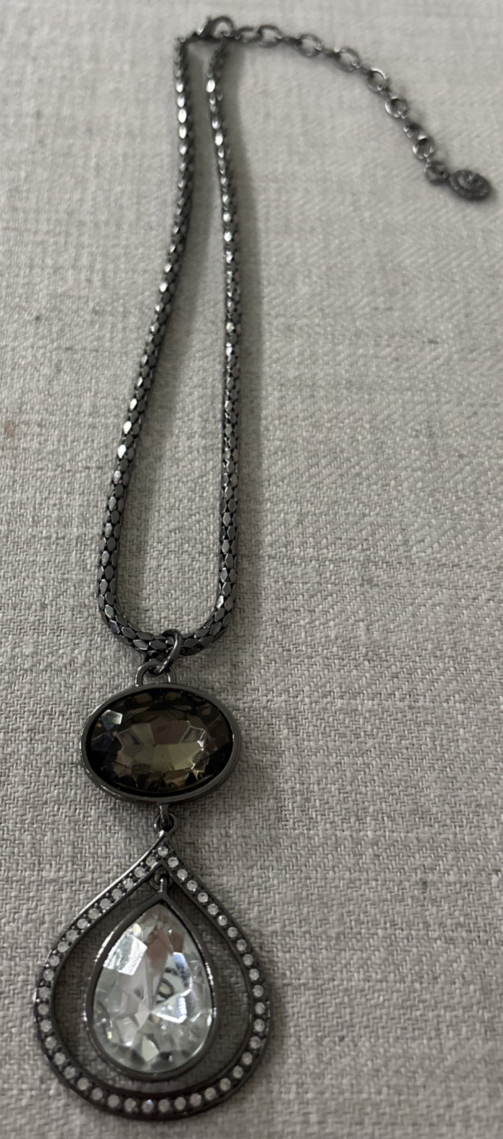 Vintage RJ Graziano Gunmetal Teardrop Pendant Necklace Rhinestone Statement