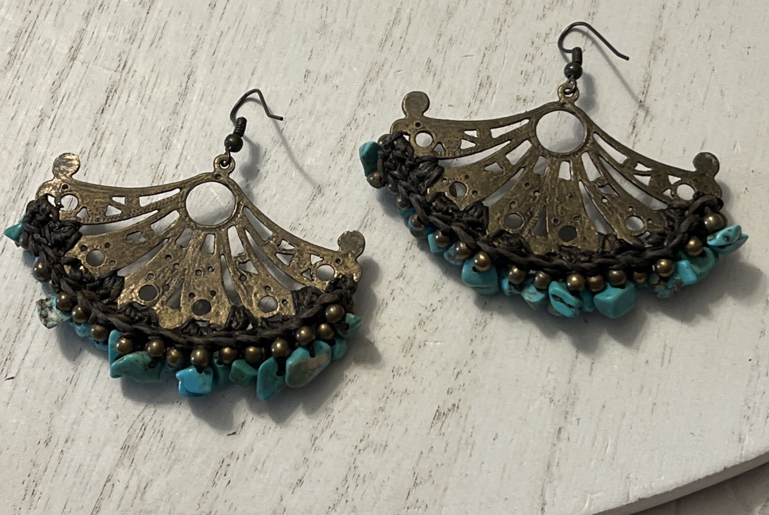 Vintage Turquoise and Brass Plated Metal Fan Earrings Art Deco Style Pierced