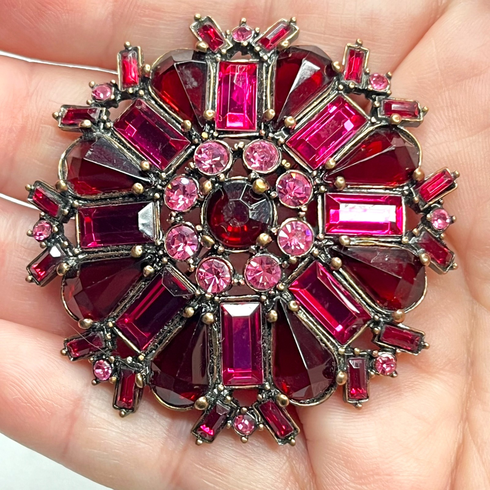 VTG Large Flower Snowflake Brooch Pin Red Fuchsia Pink Purple Glass Rhinestones