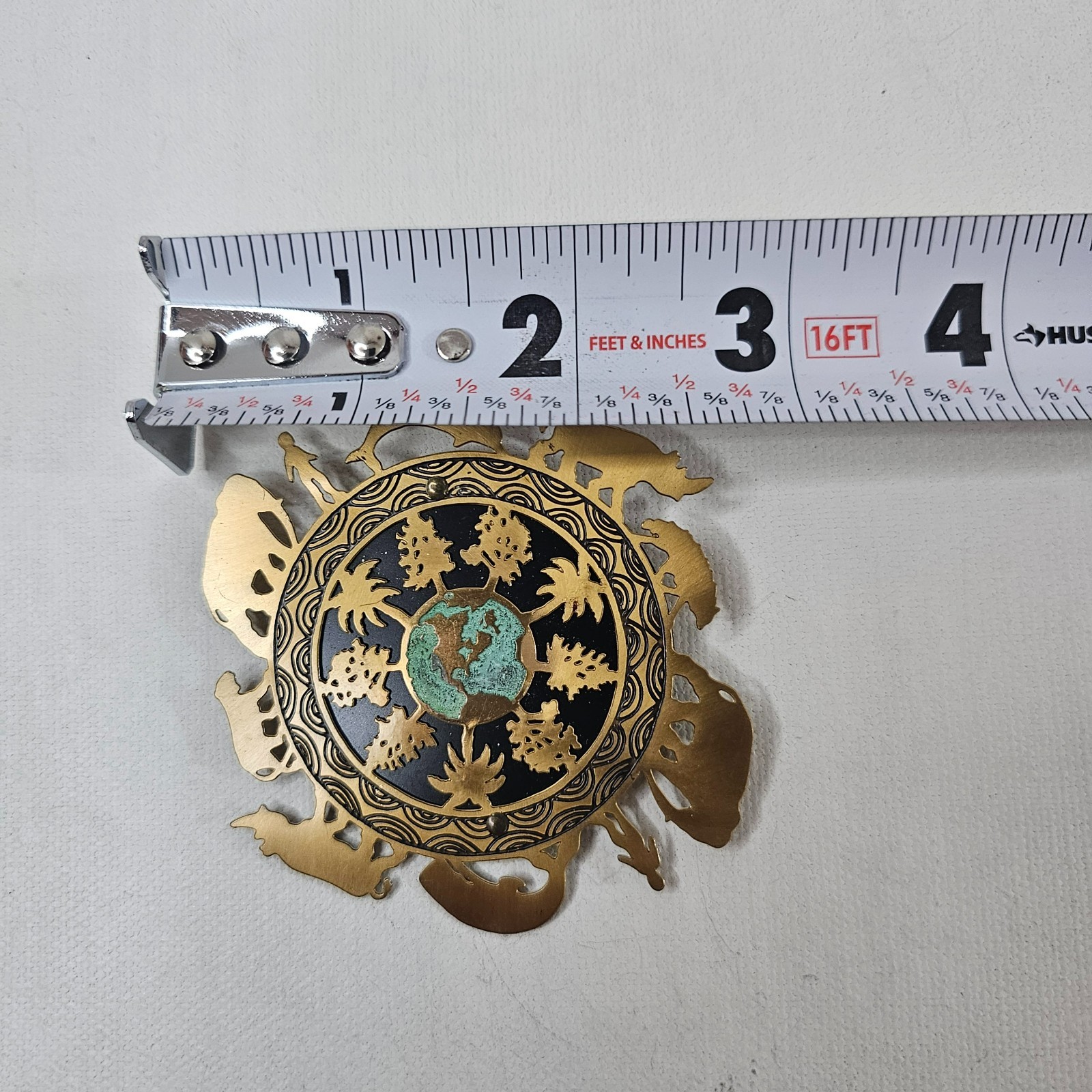 Vintage Signed Silver Forest One World Earth Brooch Brass Cut-Out Animals Trees