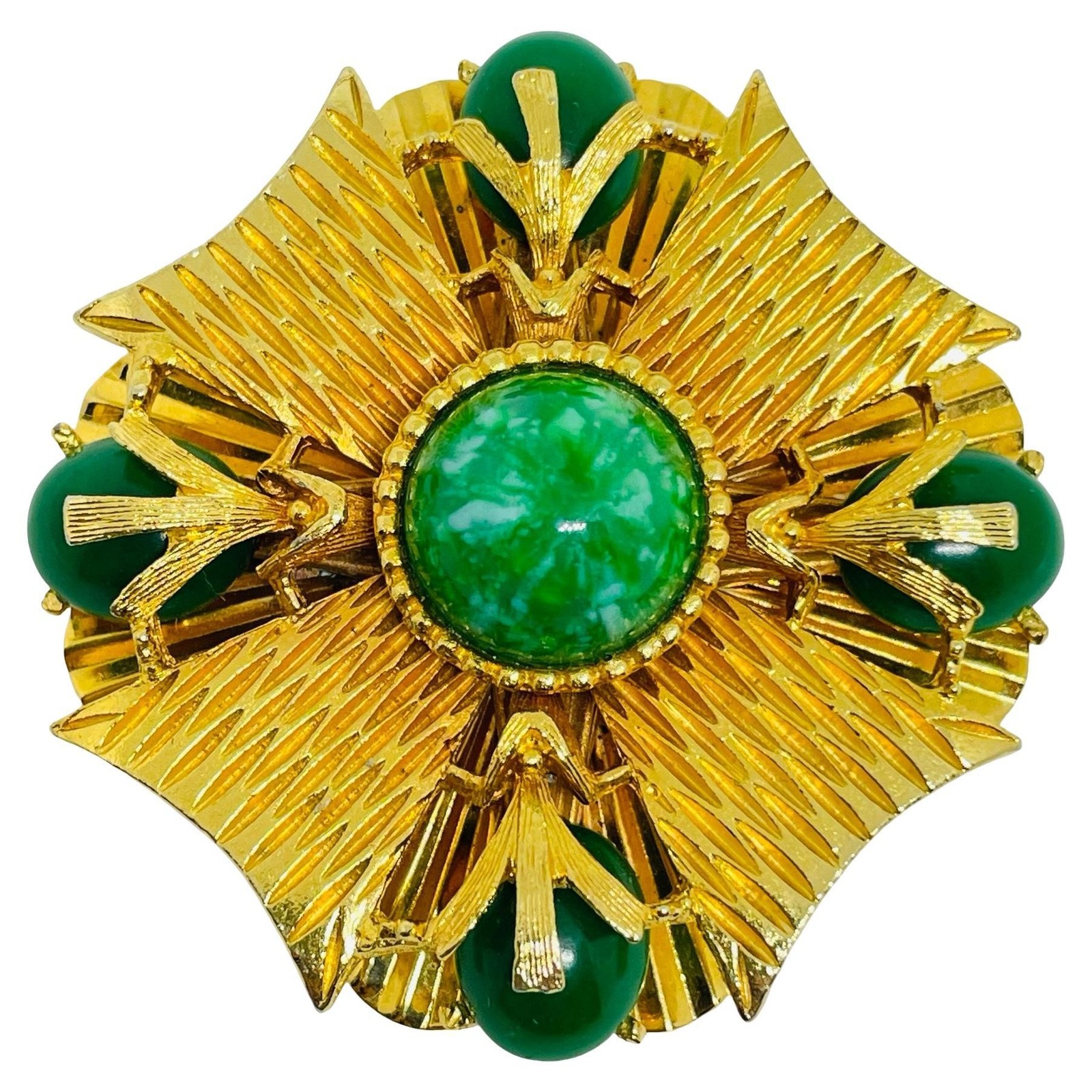 MANDI signed vintage gold tone green jade glass Maltese cross designer brooch