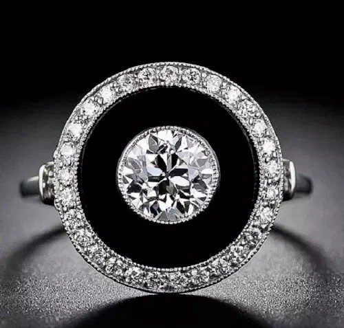 Art Deco Style Lab-Created Diamond & Black Onyx Wedding 14k White Gold FN Ring