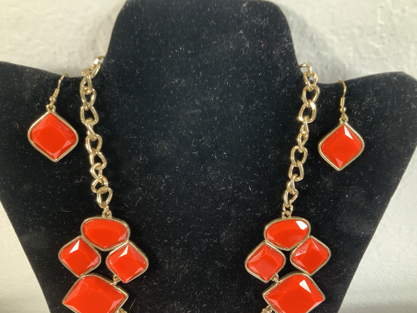 Vintage Mika Red Gold Tone Bib Statement Necklace & Earrings Set