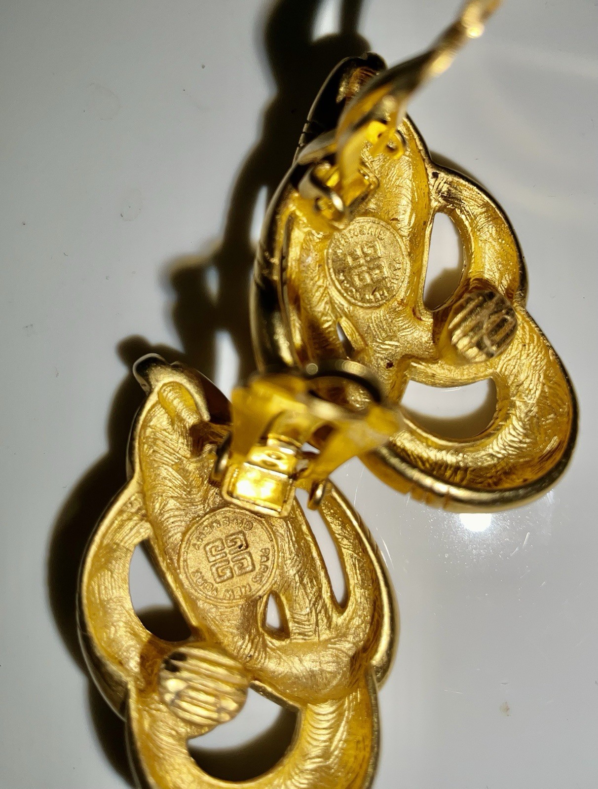 Vintage Signed GIVENCHY Brushed Gold Tone Clip On Earrings BOLD