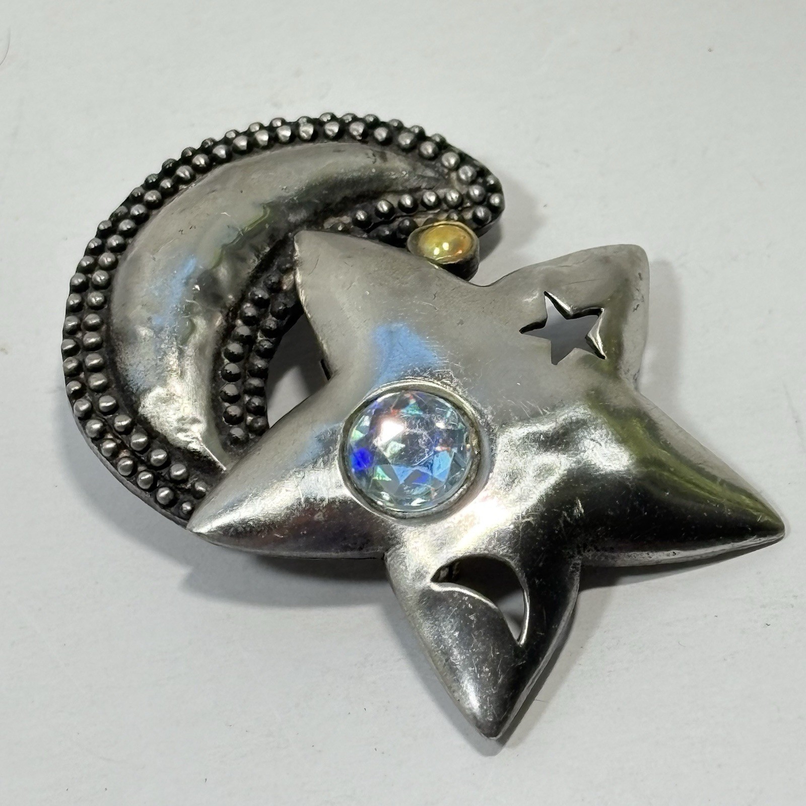 Vintage J.J Jonette Pewter Star Crescent Moon Pin Crystals Pierced Celestial 2″