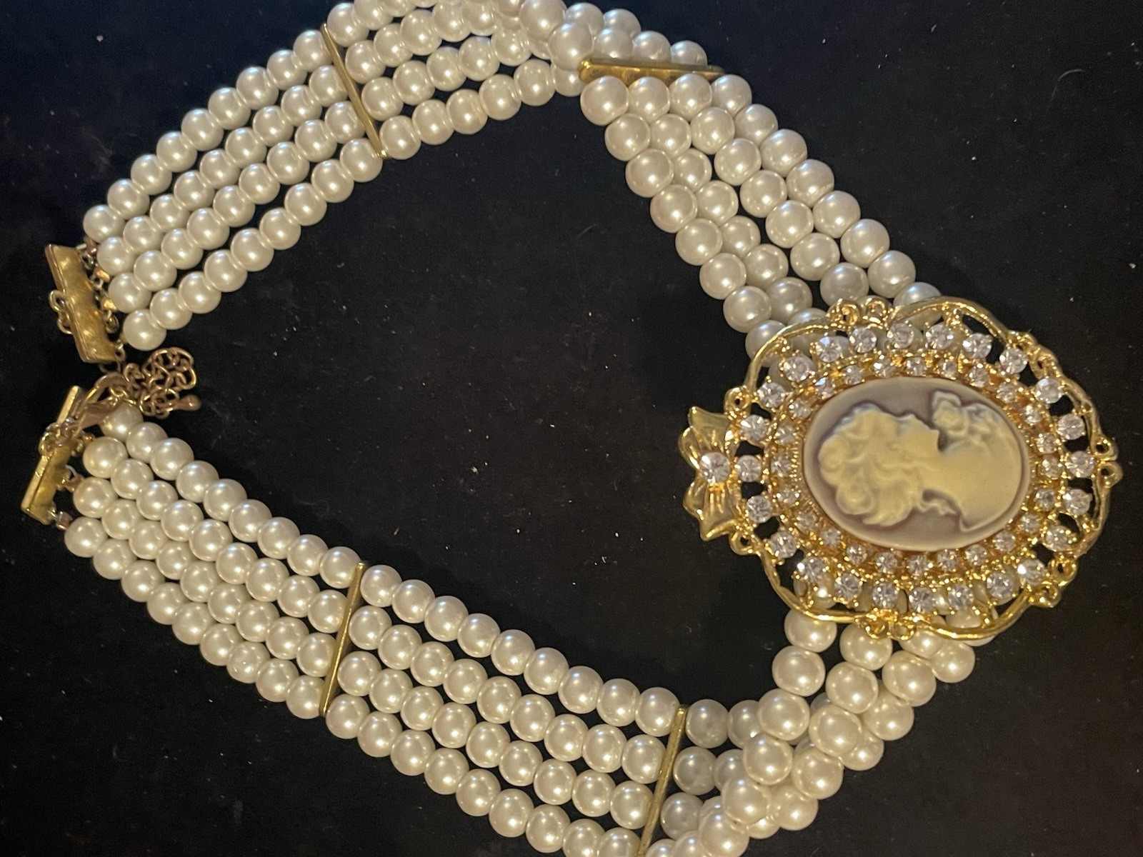 Vintage Multi Strand Faux Pearl Cameo Rhinestone Choker Necklace. Elegant. Fancy