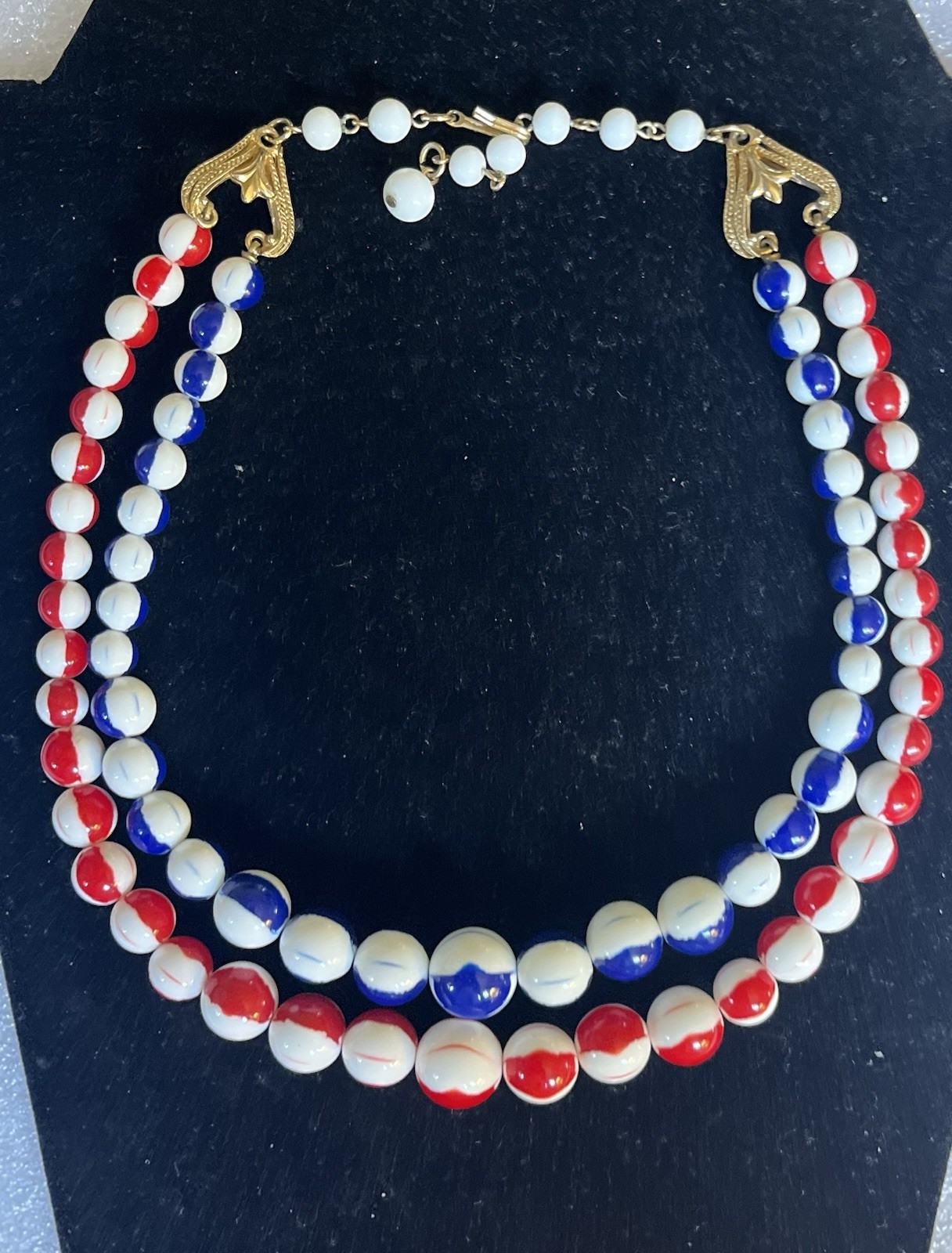 RARE Vntg Signed FLORENZA Red White & Blue Patriotic Enamel DBL Strand Necklace