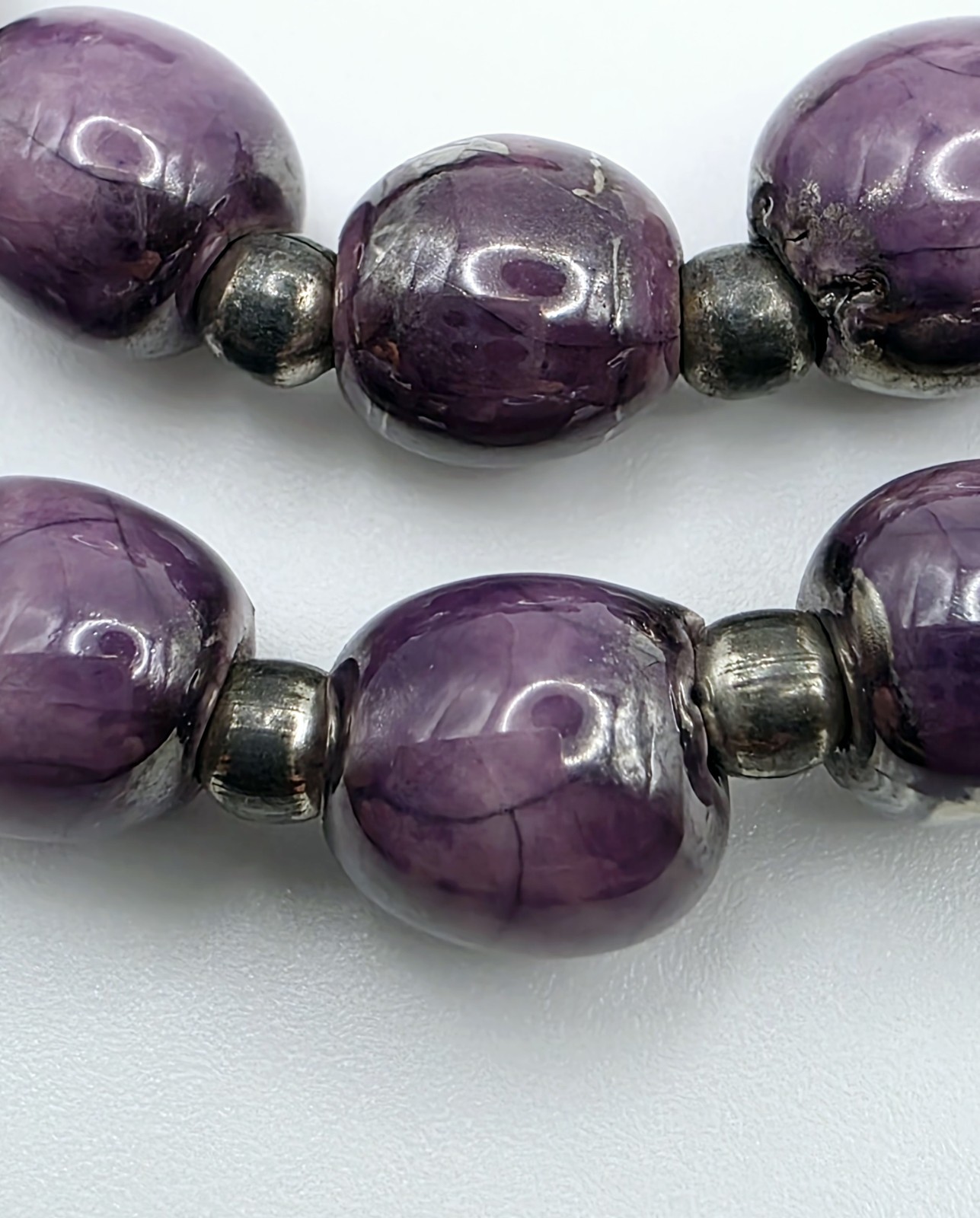 Vintage Sterling Silver Purple Ceramic Beaded Necklace 30″ Long Metallic