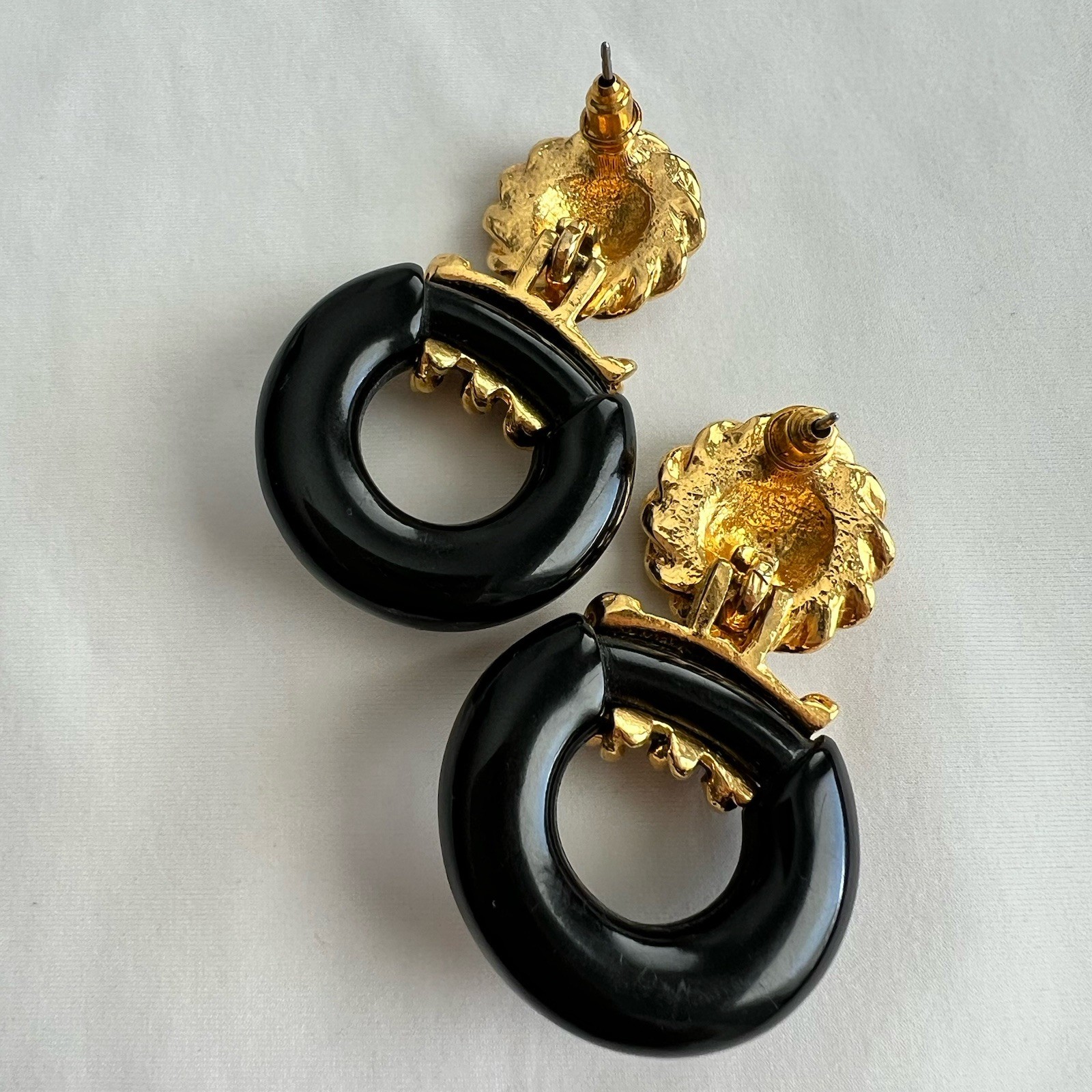 Vintage Gold Tone Black Enamel Celestial Star Door Knocker Drop Earrings 80s