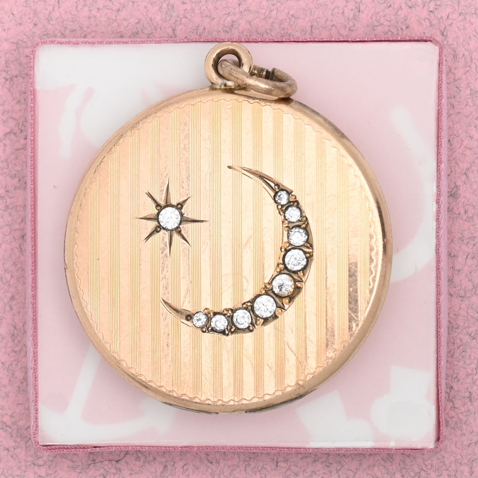 Antique Victorian Crescent Moon Star Gold Filled Paste Stripe Pendant Locket