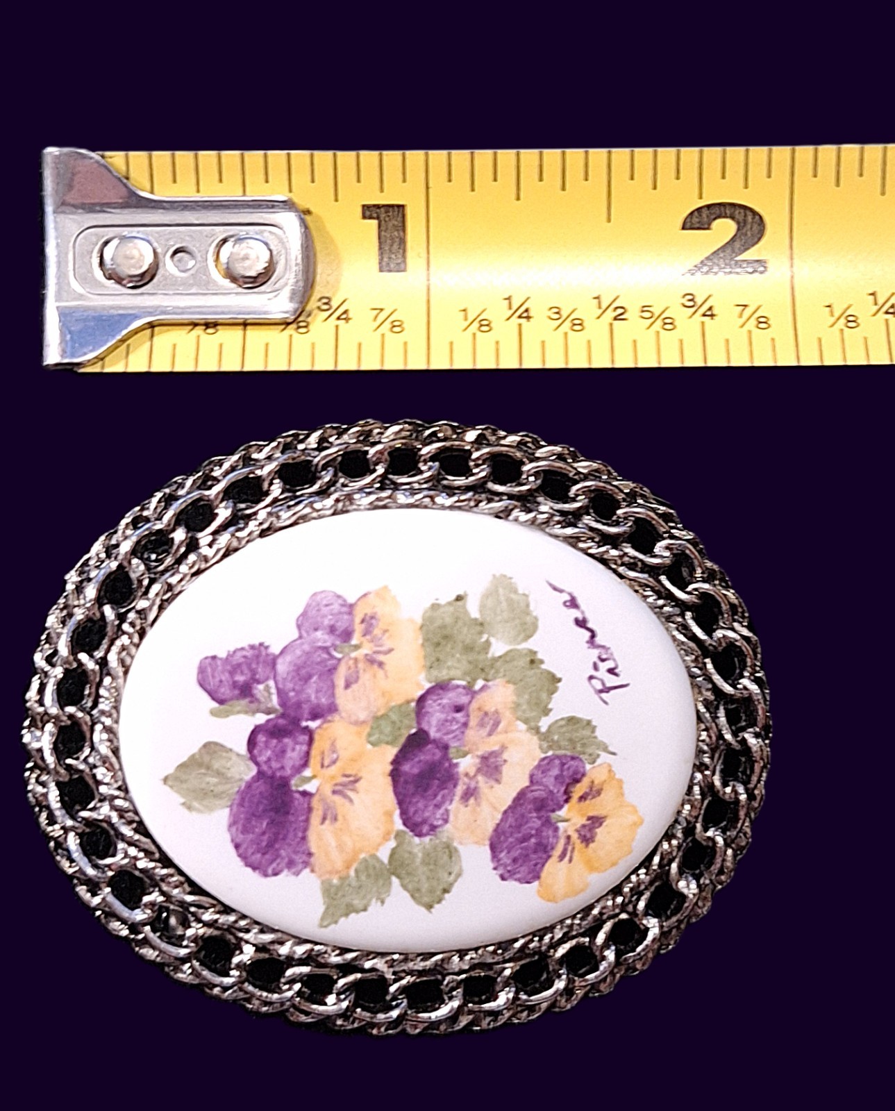 Vtg Hand Painted Signed Yellow & Purple Pansy Porcelain Silver-tone Brooch Pin
