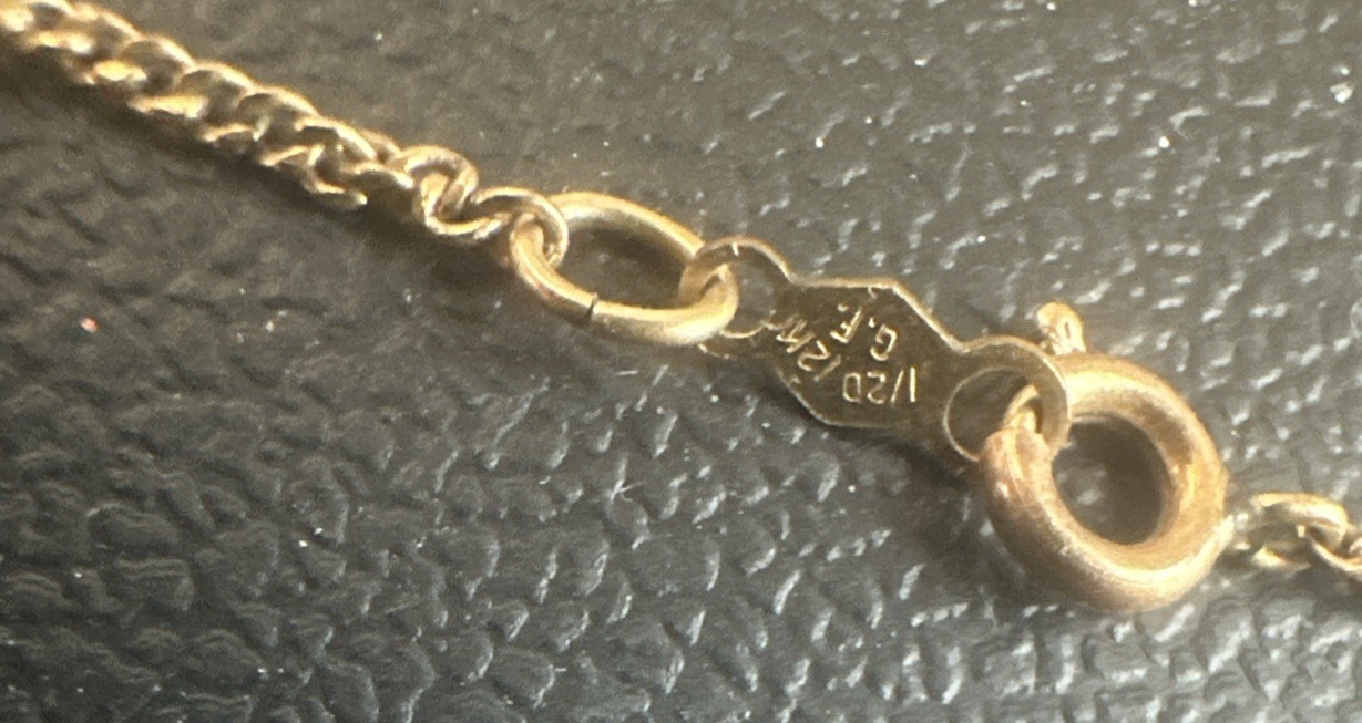 Vtg 1/20 12k GF Marked Cross Pendant & Chain Necklace, 1 / 20th 12 K Gold Filled