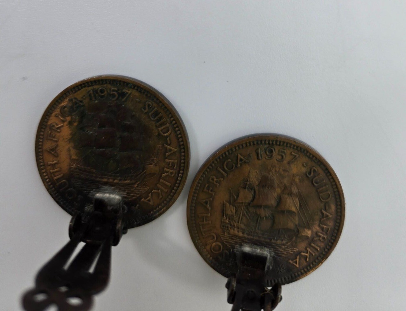 Vintage Penny Coin Clip-On Earrings Elizabeth II South Africa 1957 Patina