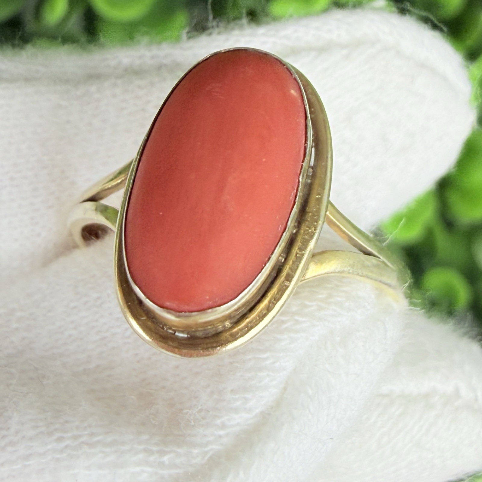 Vintage Antique? Natural Coral Cabochon 800 Silver Gold Tone Ring Size 6.75-7ish