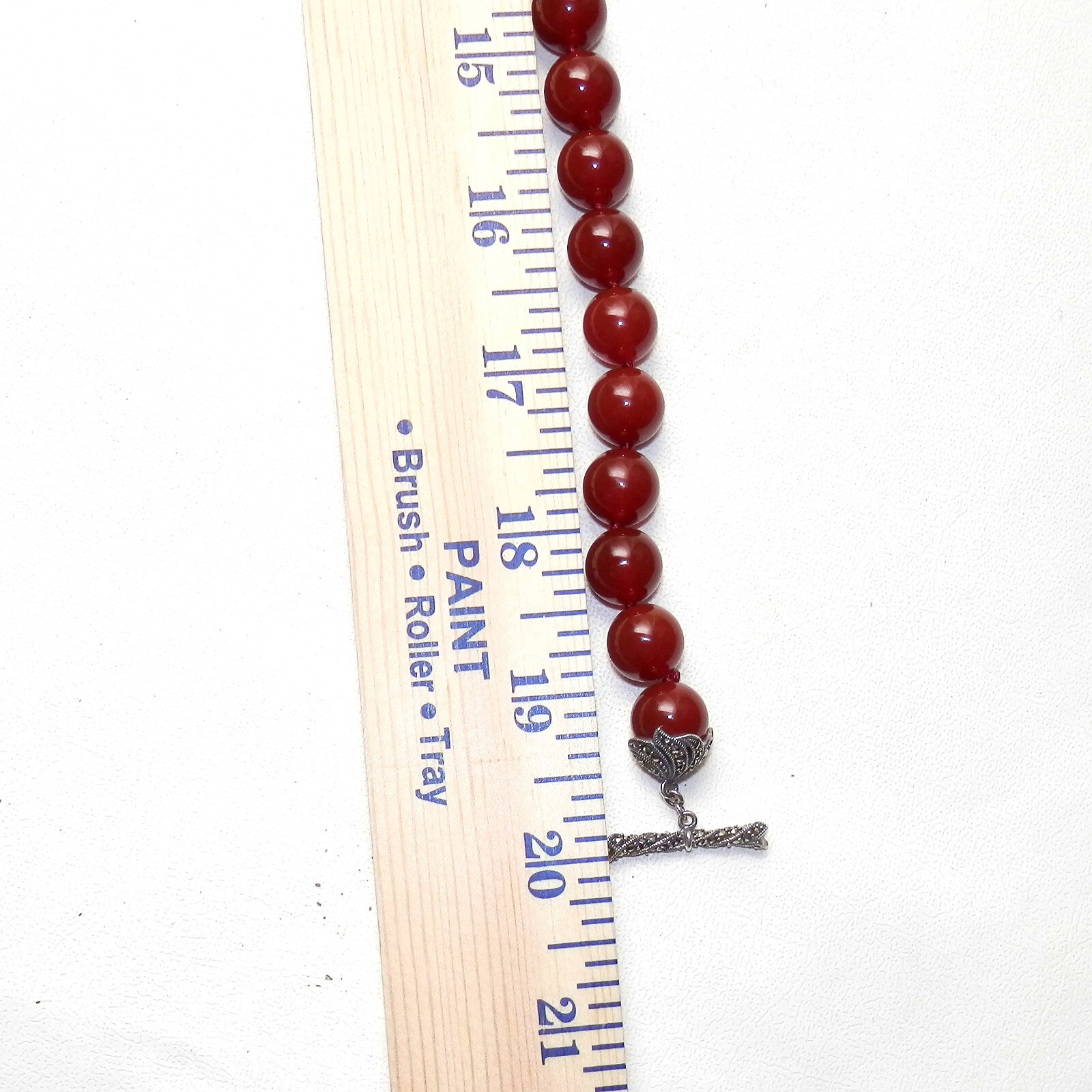 Carnelian & Marcasite 925 Sterling Silver Beaded Knotted 12mm Vntg Necklace 20in