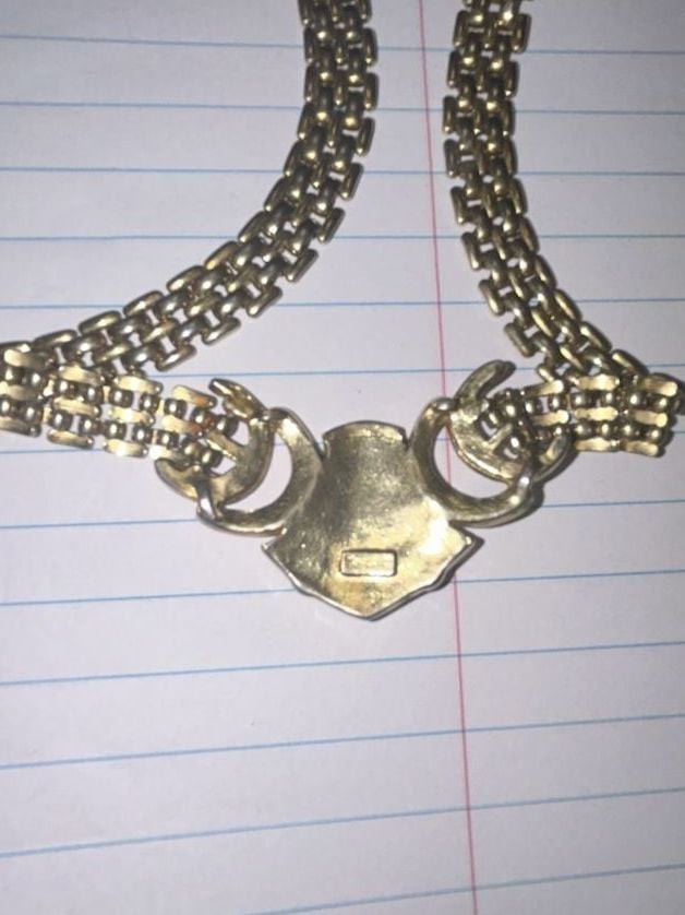 Vintage Trifari Gold Tone Mesh Chain Necklace with Cream Enamel Pendant