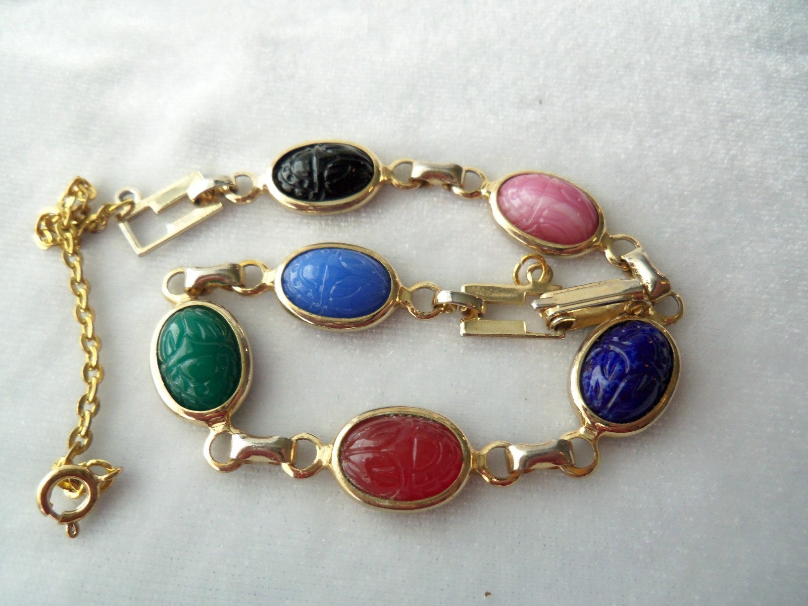 VTG Multicolor Faux Gemstone Scarab Link Gold Tone Bracelet With Safety Chain