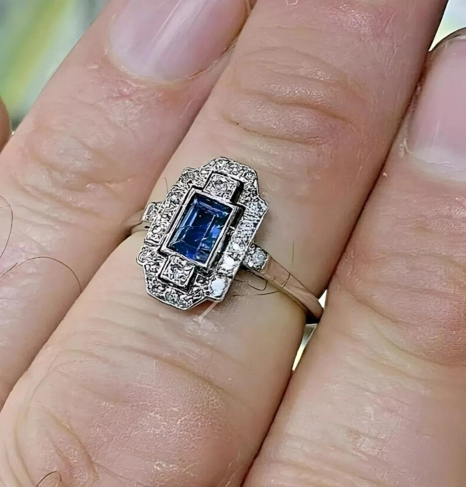Art Deco 2.95Ct Lab Created Diamond & Sapphire Engagement 14K White Gold FN Ring