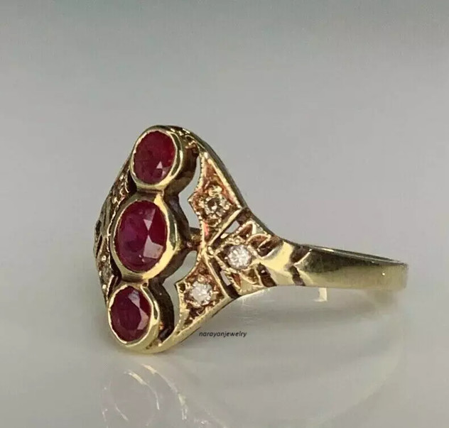 Edwardian 3CT Round Cut Red Ruby Women’s Vintage Ring 14K Yellow Gold Plated