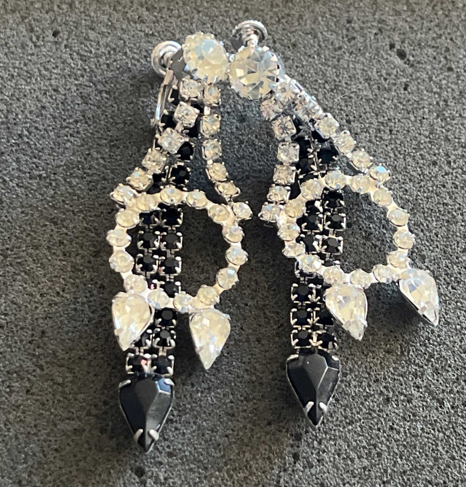 Vintage Signed HOBE Dangle Clear & Black Rhinestone Earrings Costume Jewelry