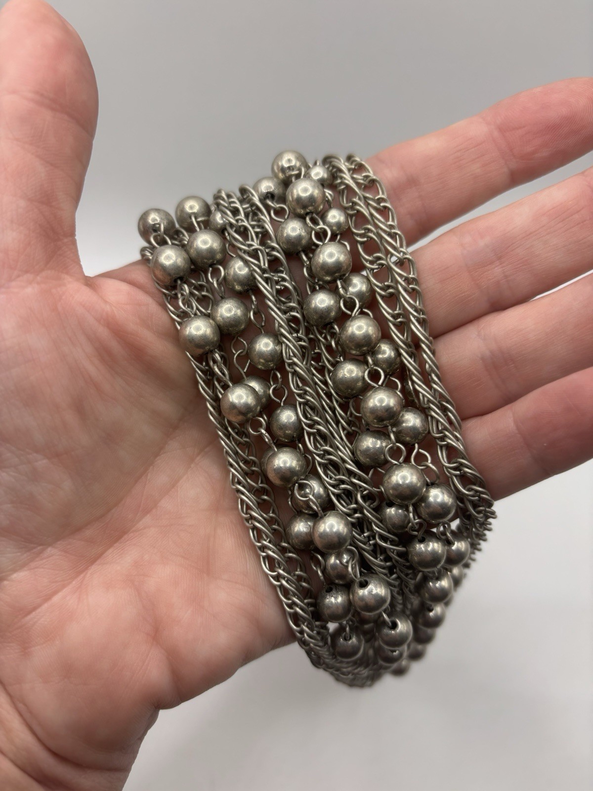 Vintage Silver Toned Layered Bead and Chain Statement Necklace