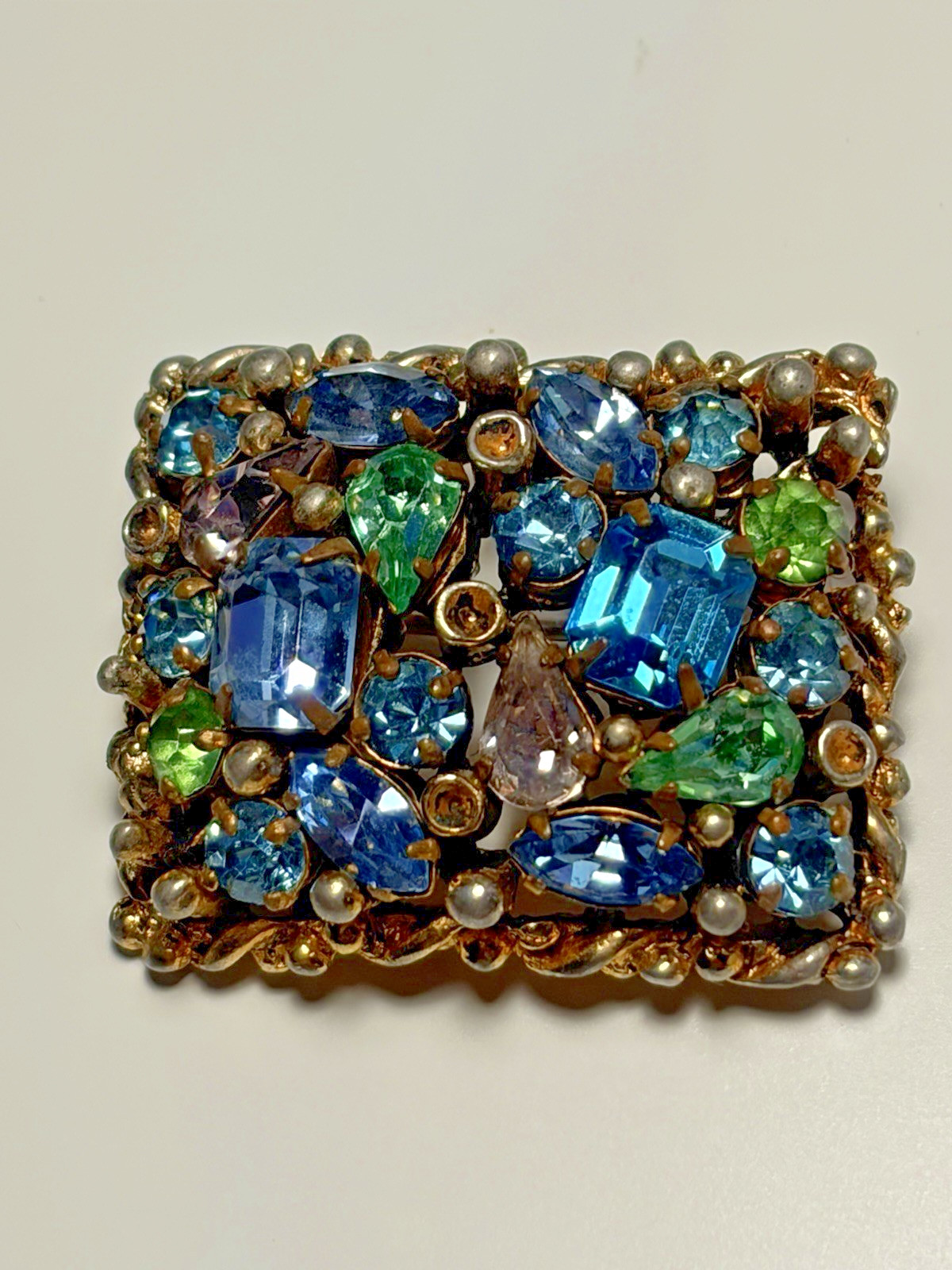 Vintage Barclay Multi-Stone Blue & Green Rhinestone Brooch