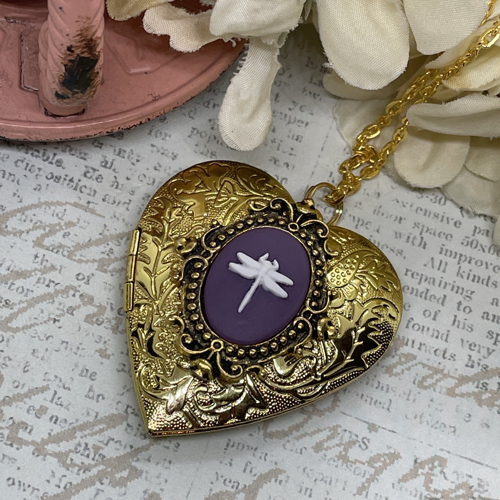 Gold Heart Locket Purple Birthday Anniversary Wedding Dragonfly Cameo Necklace