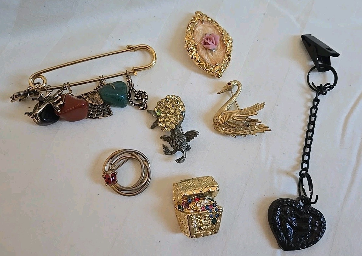 Vintage Brooches Lot And One Vintage Cast Iron Heart Clip