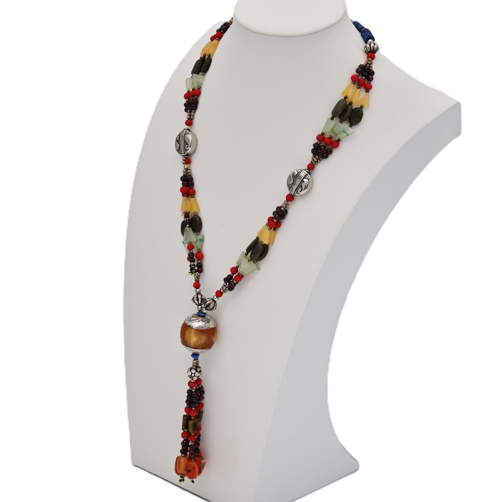 Vintage Original Sterling Silver Tribal Multi Gemstone Pendant Estate Necklace