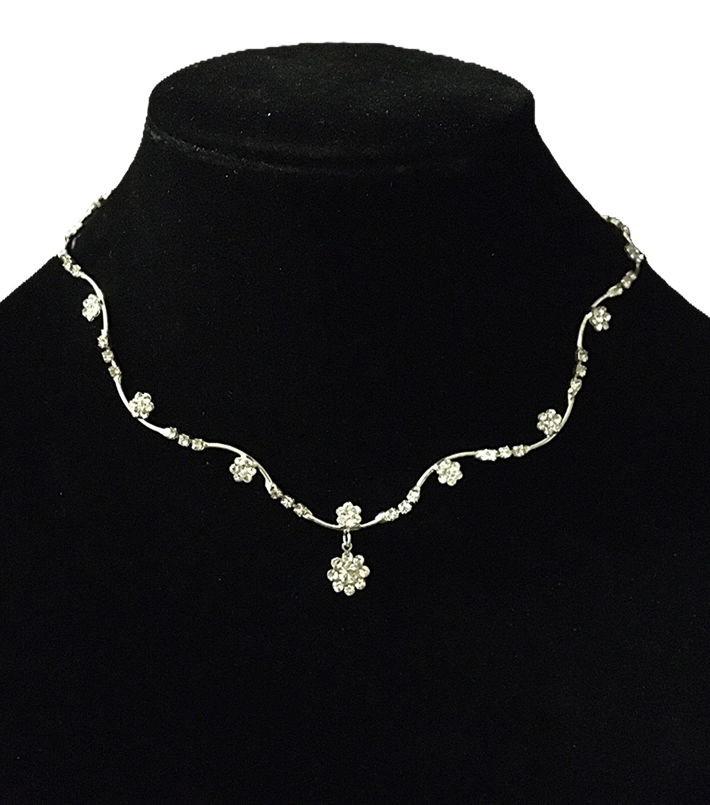 Dainty Rhinestone Flower And Vine Bar Link Necklace Silver Tone Vintage