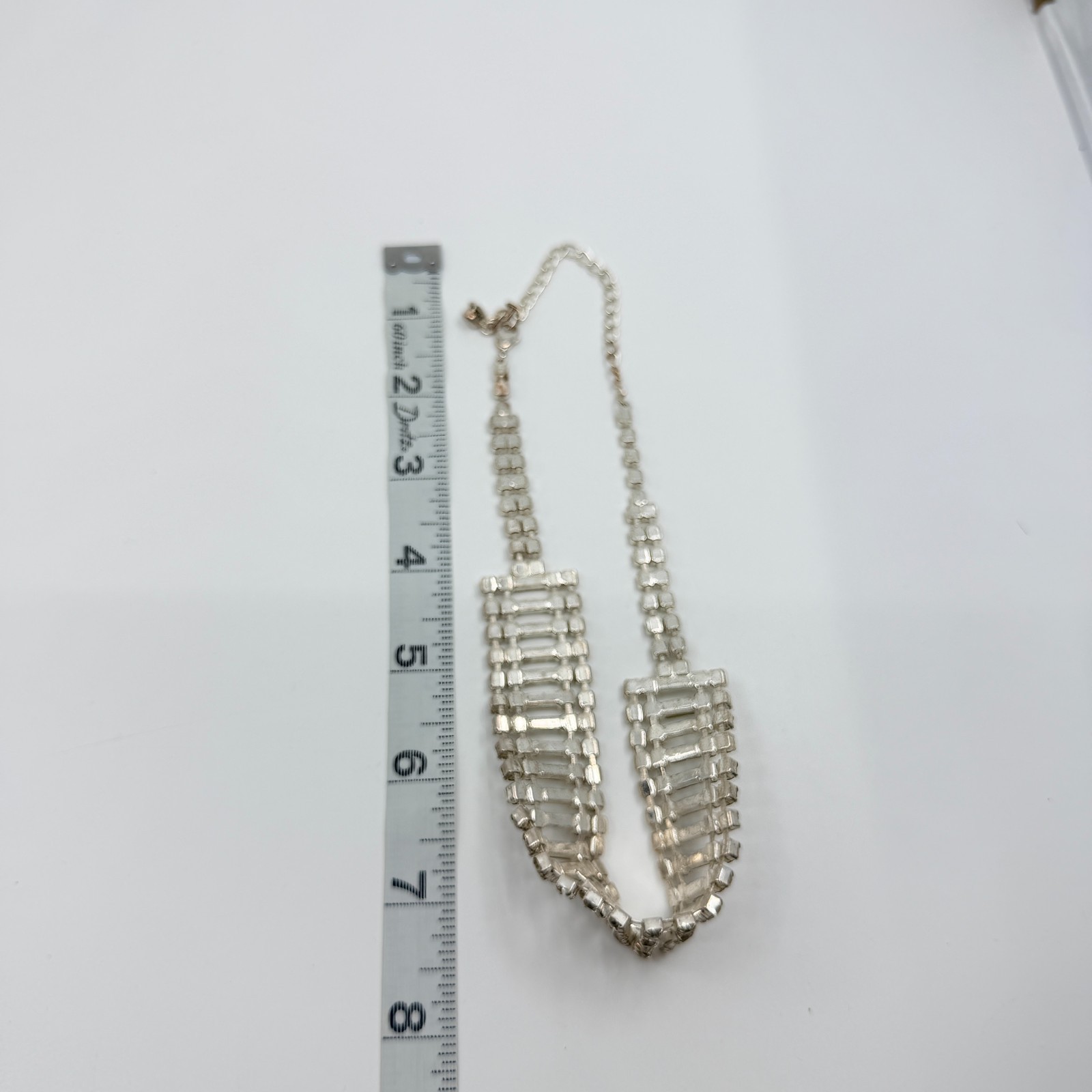 Vintage Mid Century Clear Rhinestone Baguette Choker Necklace Silver Tone Wide