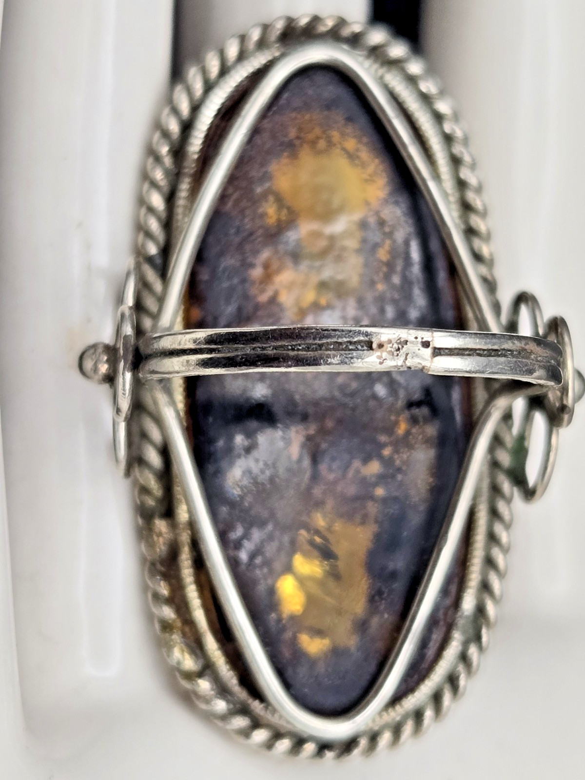 Vtg AMBER Ring SIZE 7 UV Light Tested Glows Sun Spangles Bezel Set Oval Shape