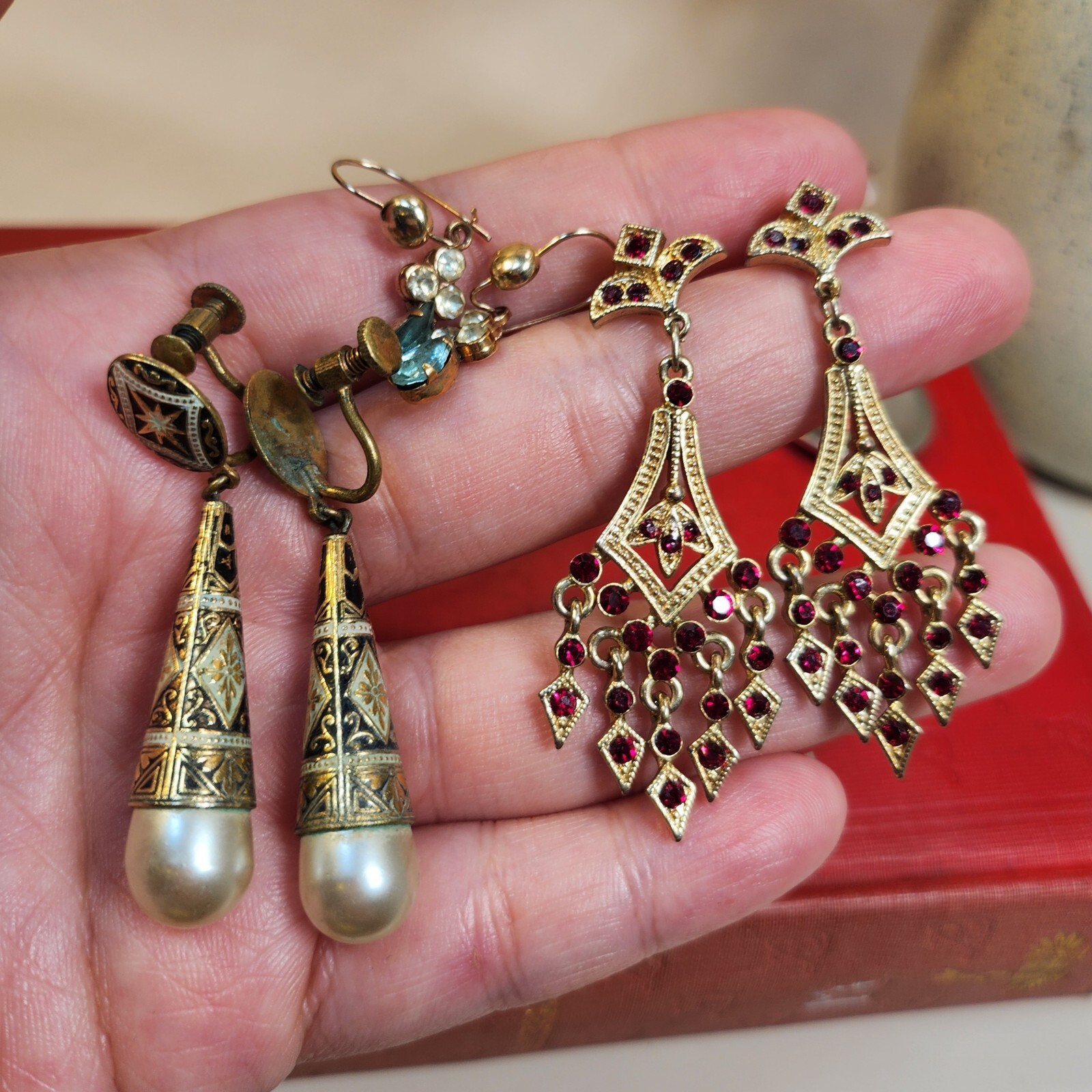 Vintage Enamel Chandelier Pierced & Clip-on Earrings Fashion Jewelry Lot of 4