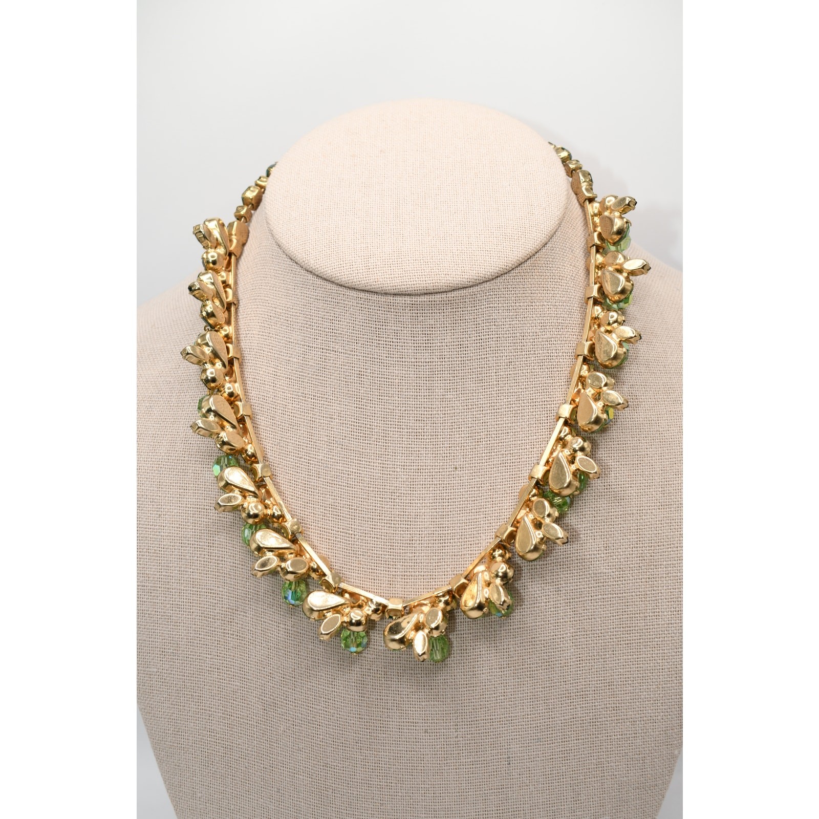 Vintage Kramer Green Rhinestone Necklace Earring Set Gold Tone AB Dangles