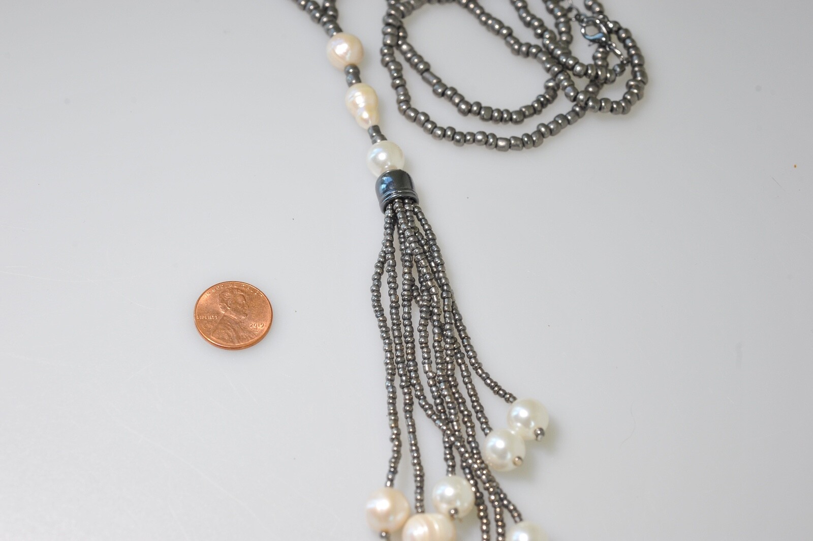 Jules B signed Trendy long faux pearl bead dangle drop tassel Necklace BD7