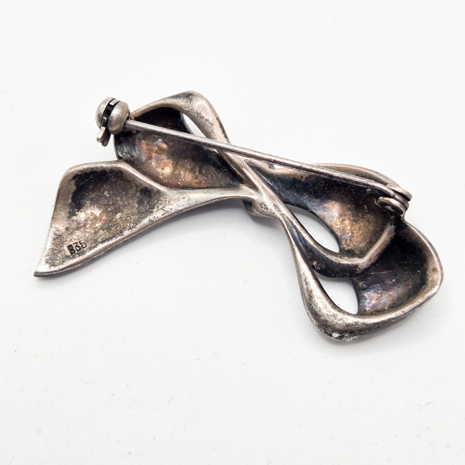 Vintage 835 Silver Marcasite Bow Brooch Art Deco Ribbon Pin European Silver