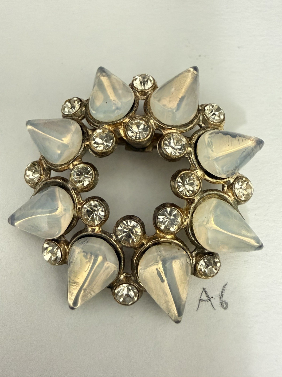 Vintage Opaline Glass & Rhinestone Spiked Circle Brooch Gold Tone Mid Century