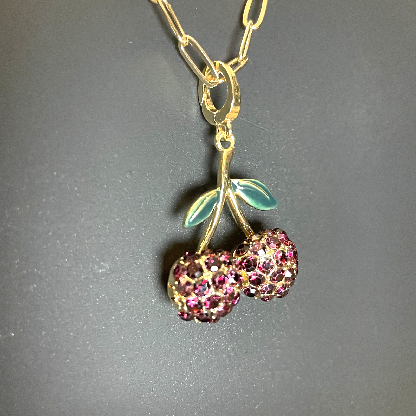 A New Day Gold Tone Link Chain & Ruby Cherry Rhinestone Magnetic Locket 18″