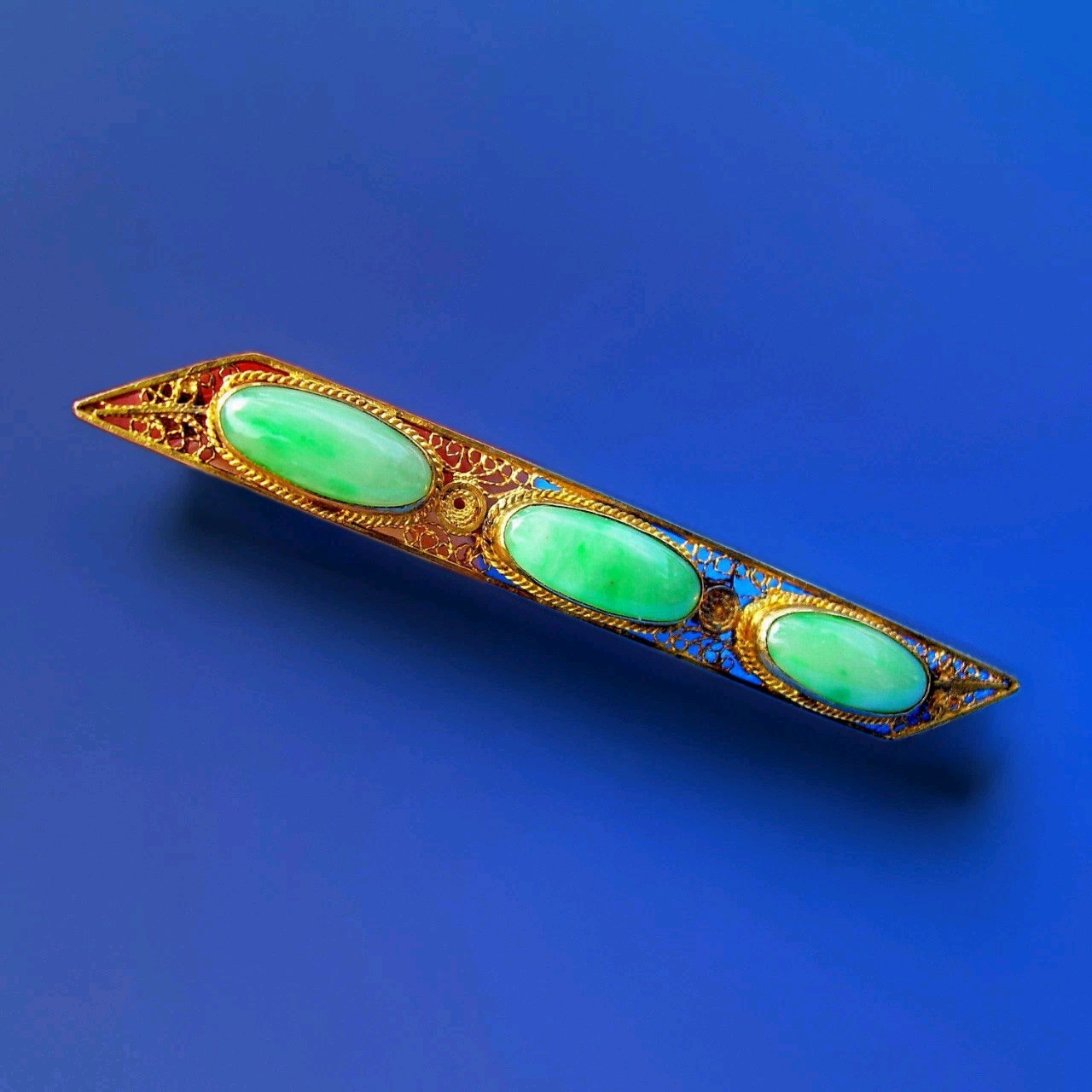 Original EARTH MINED JADE Antique Art Deco Brooch Vintage SOLID 14K GOLD Bar Pin